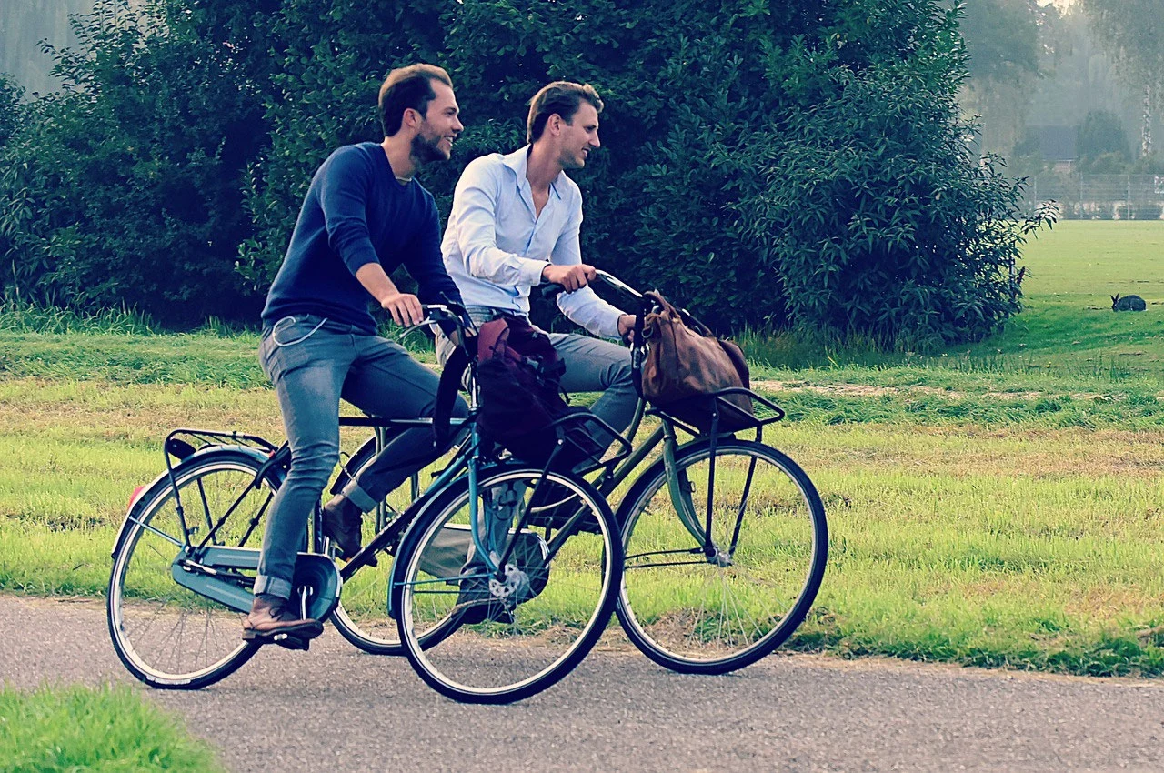 deux hommes sur des vélos hollandais d'occasion à la campagne