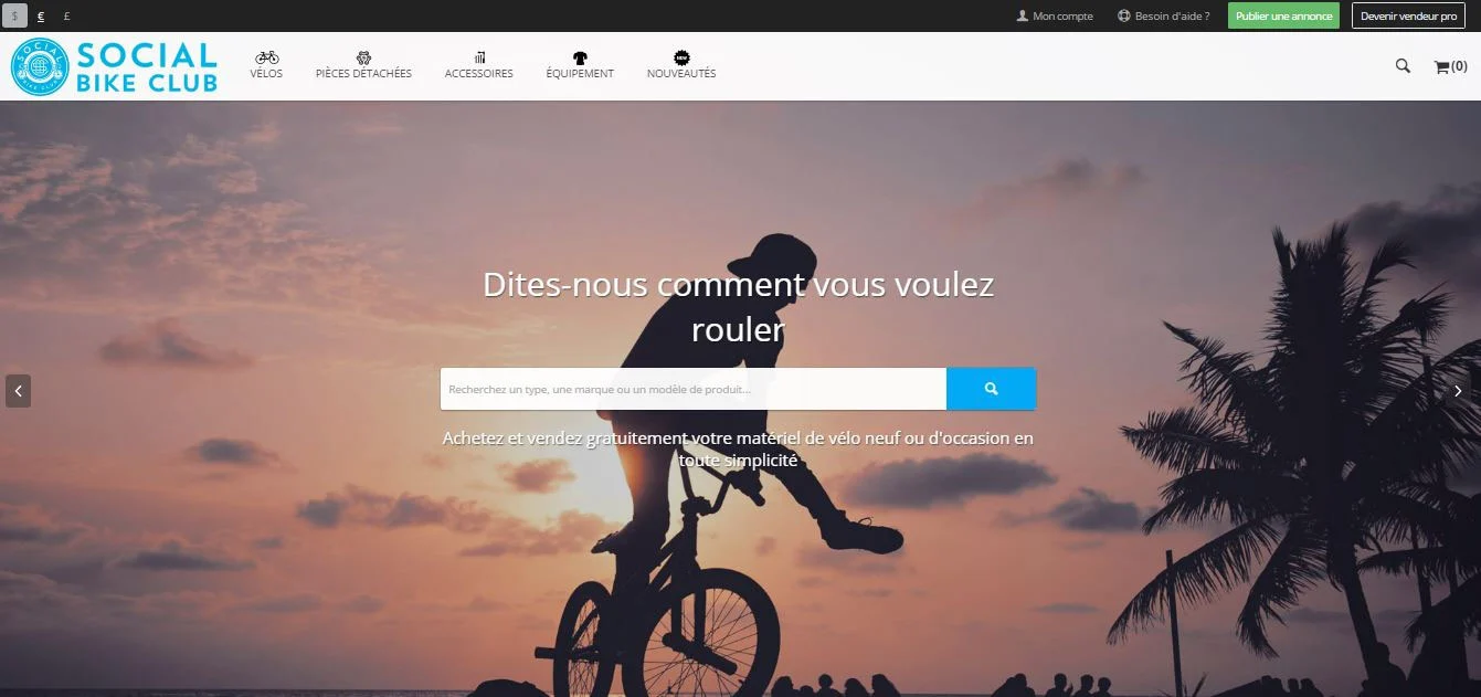 page d'accueil du site de vente de vélos d'occasion social bike club