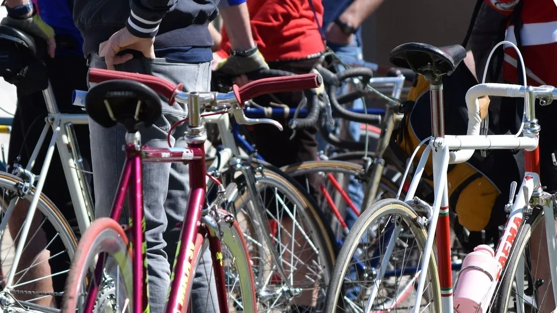 Vélos de course vintage alignés dehors, des visiteurs debout derrière eux