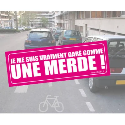 Autocollant rose collé sur une voiture garée sur une piste cyclable