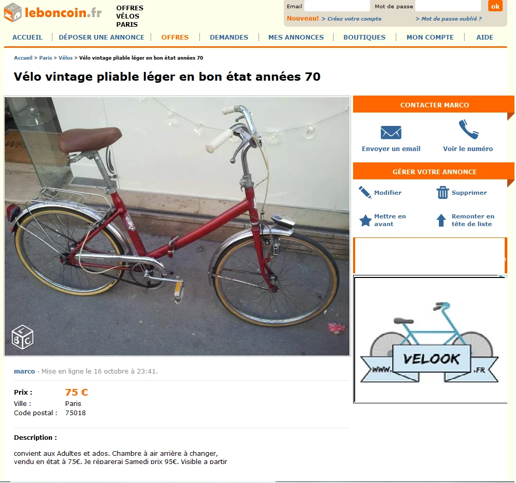 Annonce vélo d'occasion rouge sur le boncoin