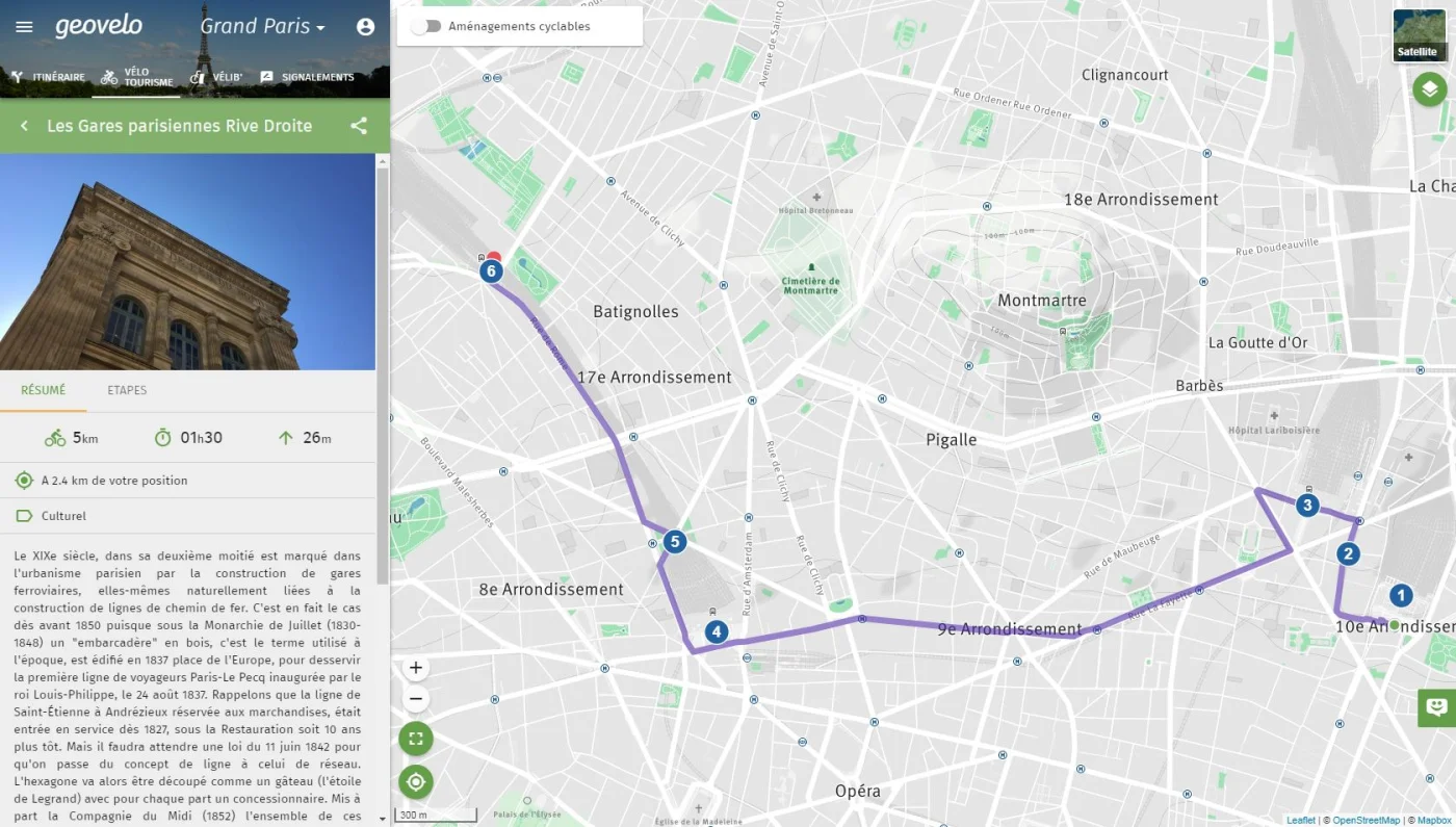Calculateur d'itinéraire vélo affichant un parcours en plusieurs étapes sur un plan de ville