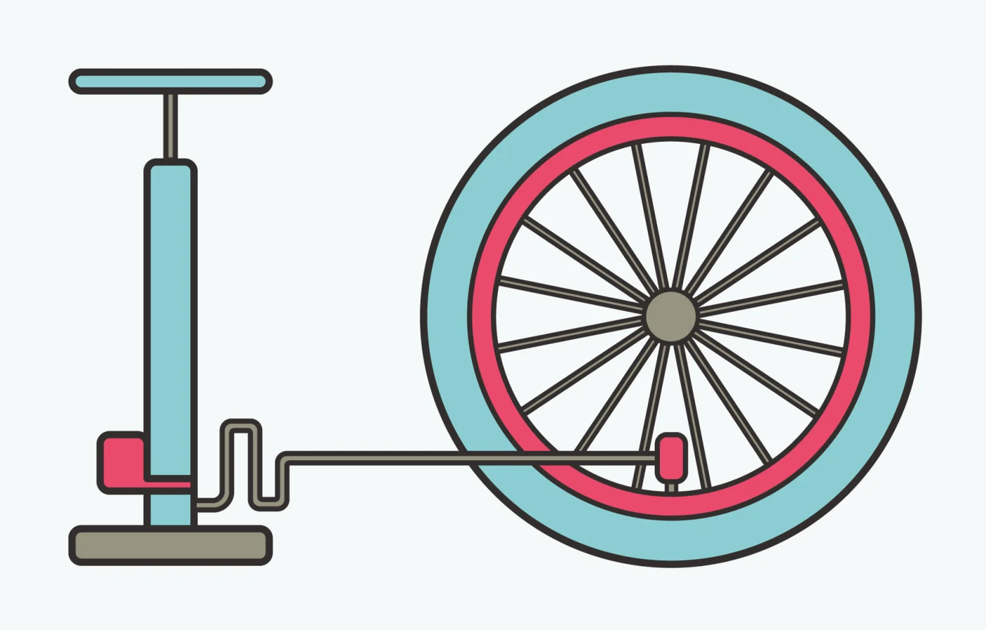 Une pompe à pied reliée à la valve d'une roue de vélo : gonfler le pneu avant l'essai pour juger de sa pression.