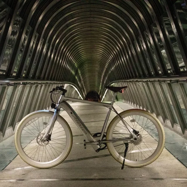 Un vélo urbain gris aux pneus blancs posé au centre d'une passerelle couverte en acier et en verre
